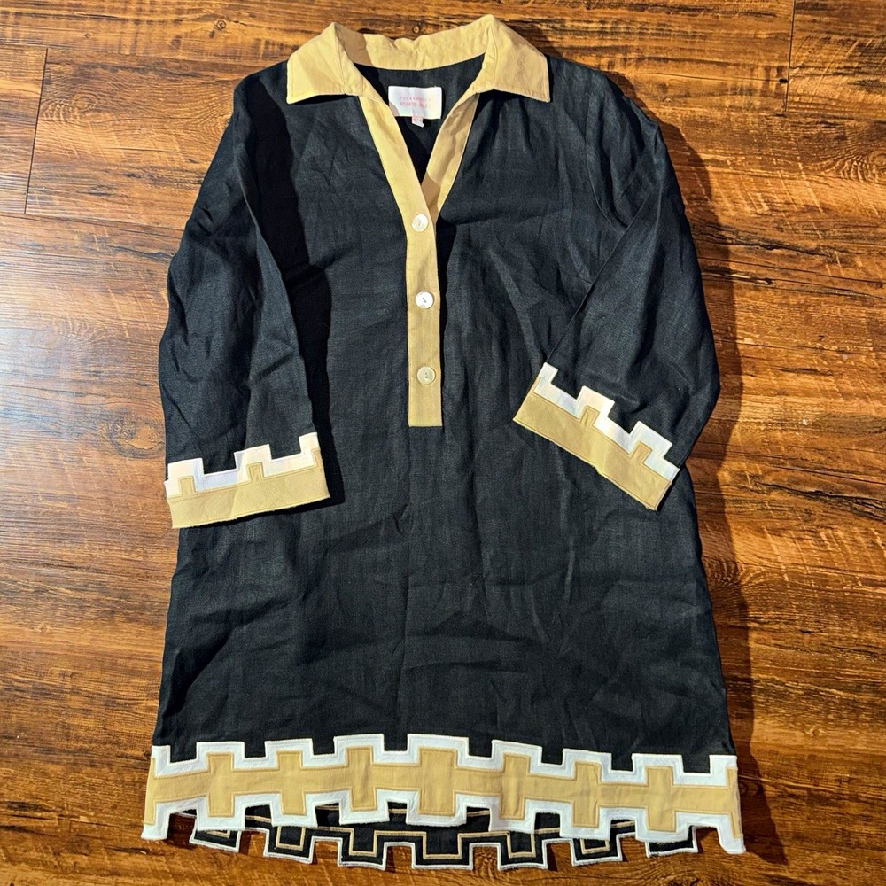 Tuckernuck Atlantic-Pacific Black Linen Shift Dress XL Collared Button 3/4